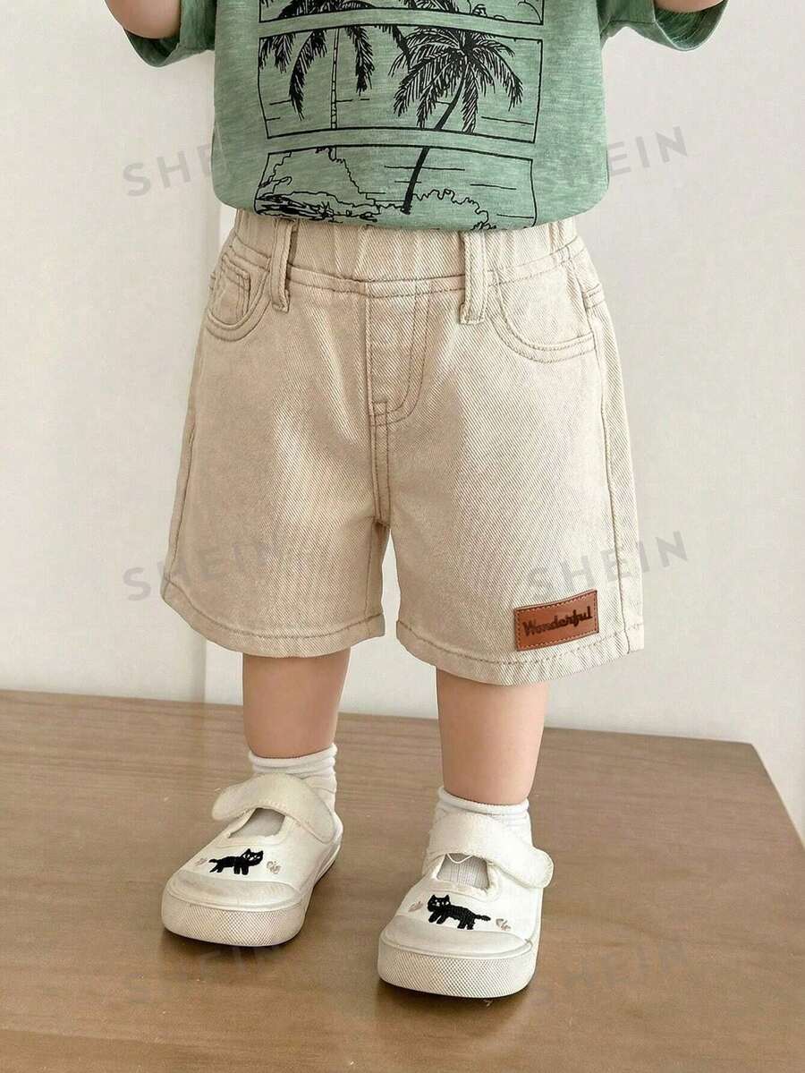 SHEIN 幼儿男童宽松卡其色牛仔短裤 - 卡其色 - 查看 1