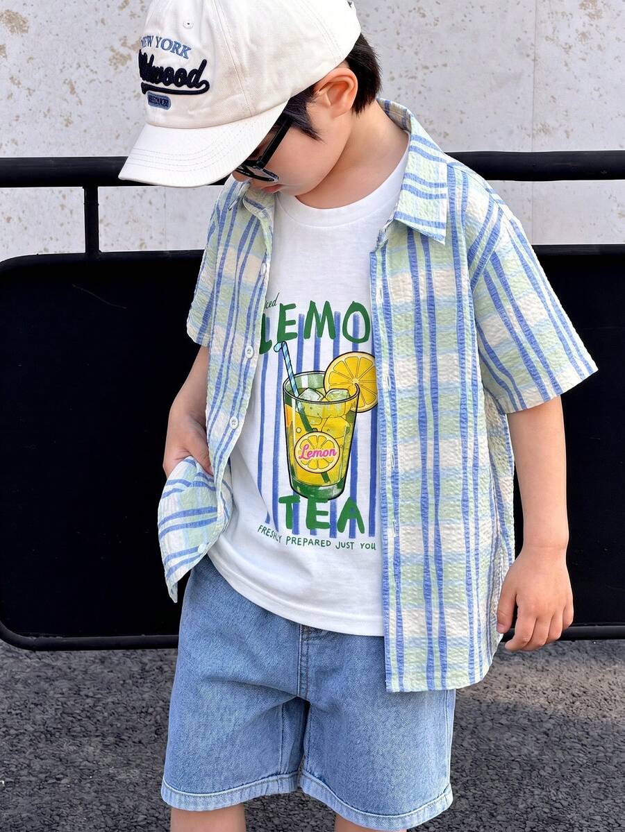SHEIN 3件/套兒童小男孩可愛夏季百搭熱帶水果印花短袖襯衫白色T恤藍色牛仔短褲套裝，適合日常穿著、運動、外出、度假、上學、派對、節日、表演、攝影