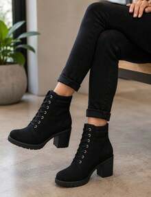 Wide Heel Boots Round Toe Light Tracked Sole - Black - View 1