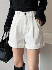 DAZY Roll Up Hem Fold Pleated Denim Shorts Jorts - White - View 13