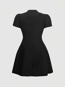 SHEIN MOD Plus Size Women's Solid Color Short Petal Sleeve Single Breasted Casual Short Dress - Black - View 4