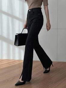 DAZY Solid Color Slit Flared Elegant Jeans - Black - View 11