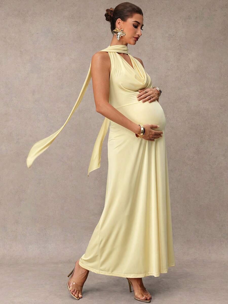 MaterniChic 淡黃色優雅孕婦休閒夏季洋裝，適合拍照、性別揭曉派對、寶寶迎新會、婚禮正式場合