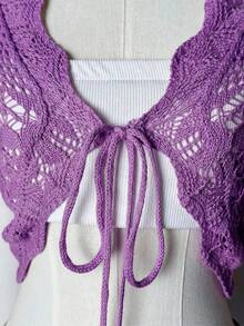 SHEIN Unity 女款鏤空繫帶鉤編開襟衫，適合日常穿著 - 紫色 - 查看 6