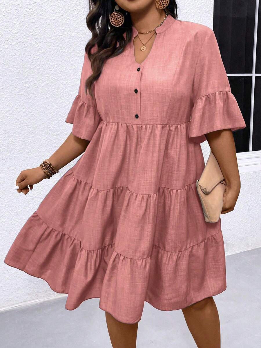 Linhara CURVE Vestido de mujer talla grande con botones, cuello en V con muesca y dobladillo con volantes - Rosa - Ver 1