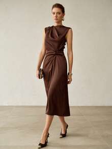 MOTF PREMIUM SPRING/SUMMER ASYMMETRIC NECKLINE ELEGANT EMBROIDERED DRESS - Coffee - View 6