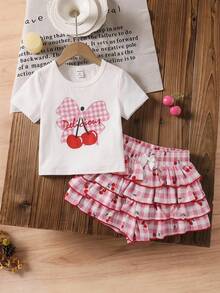 LMoss Kids Young Girl Summer Casual Sweet Cute Plaid Bow Cherry Letter Print Short Sleeve T-Shirt And Multi-Layer Ruffle Skort Set - Multicolor - View 4