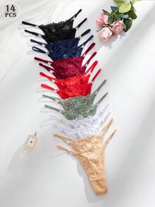 SHEIN 14pcs/Set Romantic Lace Low Waist Thong Panties With Rhinestone Decor Elegant Underwear - Multicolor - View 1