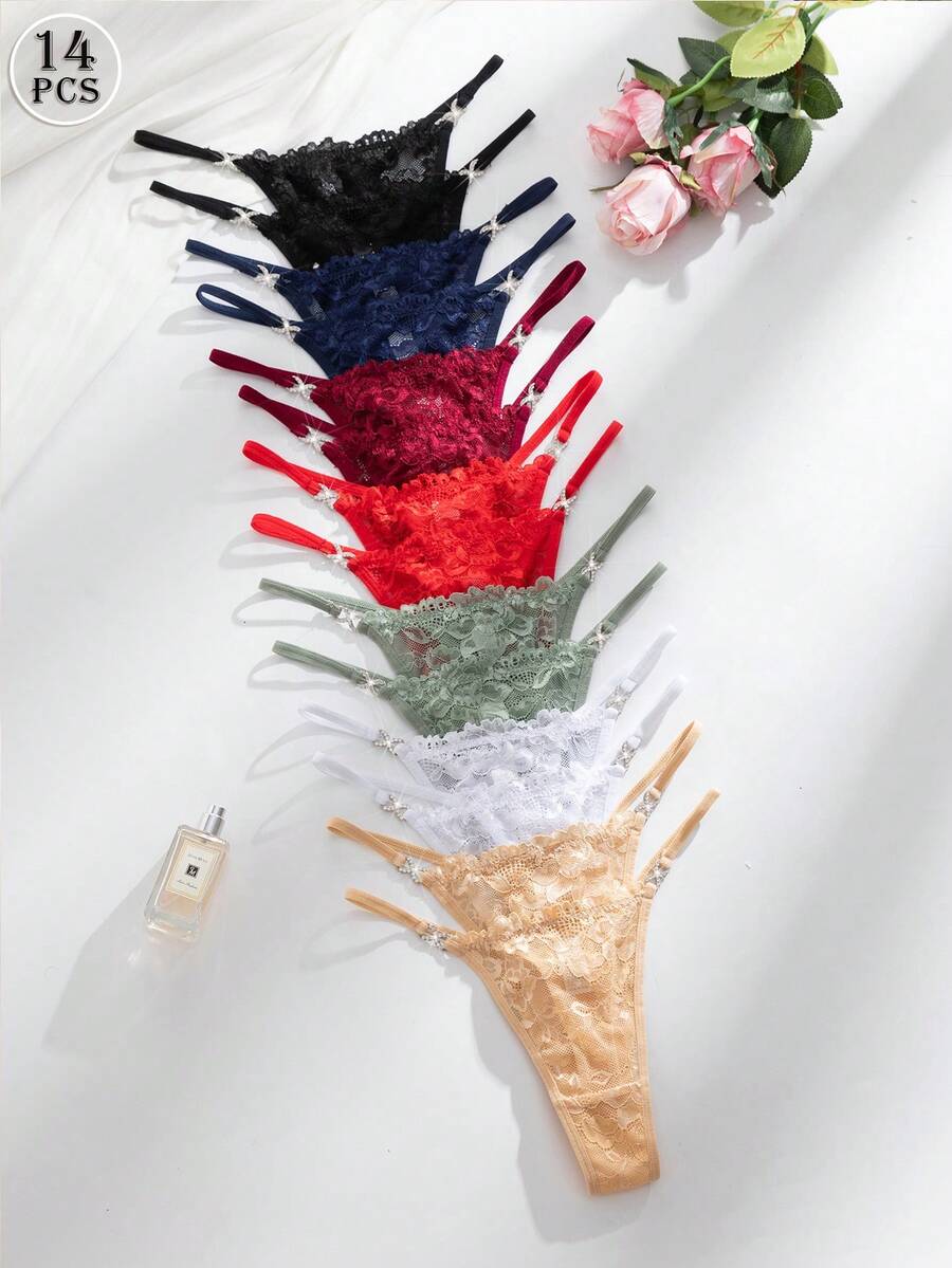 SHEIN 14pcs/Set Romantic Lace Low Waist Thong Panties With Rhinestone Decor Elegant Underwear - Multicolor - View 1