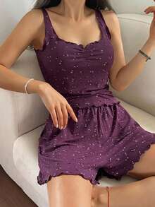 DAZY 甜美碎花無袖背心與寬鬆短款睡褲2件組，夏季女款睡衣套裝 - 紫色 - 查看 6