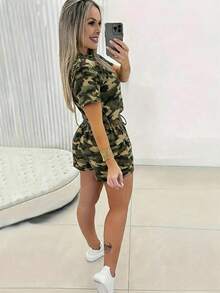 EMERY ROSE Women's Summer Short Sleeve Camouflage Print Drawstring Shorts Two Pieces Set - Multicolor - View 2