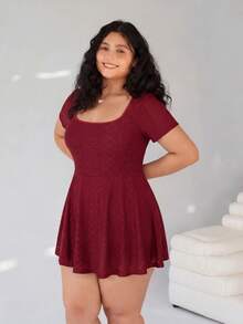 Solflare Plus Size Wine Red Casual Short Sleeve Jumpsuit, Everyday Wear, Spring/Summer - Burgundy - View 8