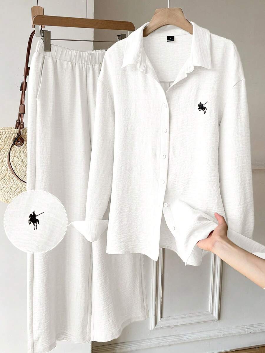 SHEIN EZwear 女款春秋休閒度假日常通勤白色編織刺繡落肩寬鬆長袖襯衫與寬腿長褲套裝 - 白色 - 查看 1
