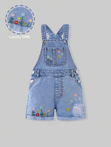 SHEIN Young Girls Light Blue Denim Overall Shorts,Cute Flower Embroidery Ripped Distressed Cuffed Loose A-Line Fit,Summer Casual Versatile Daily Wear - Light Wash - View 5
