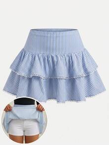 SHEIN Girlism Falda mini de doble capa con volantes tipo pastel y leggings integrados en color negro para adolescentes, estilo casual, deportivo, preppy, para primavera y verano, fresca, básica, versátil, para uso diario, moda deportiva de verano, temporada de vuelta al colegio, uniformes escolares - Multicolor - Ver 5