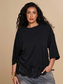 SHEIN BAE CURVE Áo thun nữ cỡ lớn màu đen phối ren, cổ tròn, vai rớt - màu đen - Xem 3