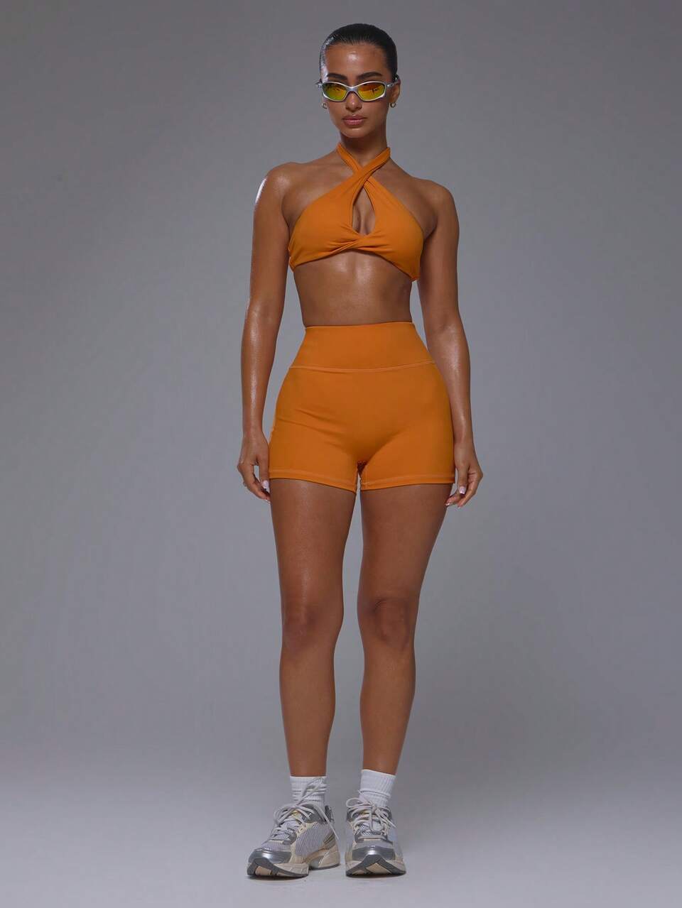 Active Orange Plunge Front Twist Bust Cropped Halterneck S Bra