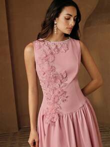 Anewsta Women's Summer Sleeveless Embroidered Floral Sky Blue Pearl Pleated Elegant New Style Spring/Summer Dress - Pink - View 5