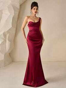 Coutiva Elegant Satin Asymmetric Off-Shoulder Fitted High Slit Mermaid Long Dress, Suitable For Wedding Guests, Banquets, Parties, Formal Occasions - Burgundy - View 5