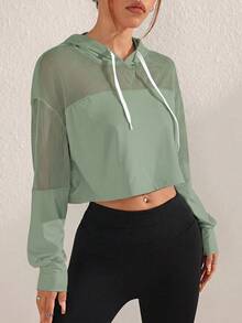 Sovereign Charm Women's Breathable Patchwork Mesh Drawstring Hooded Sports Sweatshirt - Green - View 5