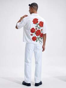 NobleFwd Camisa de manga corta con estampado floral de rosas rojas falsas bordadas, de corte holgado, adecuada para primavera/verano, gran regalo para amigos - Blanco - Ver 3