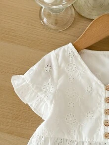 SHEIN LMoss Kids 女嬰夏季白色可愛刺繡上衣與荷葉邊長褲套裝 - 白色 - 查看 5