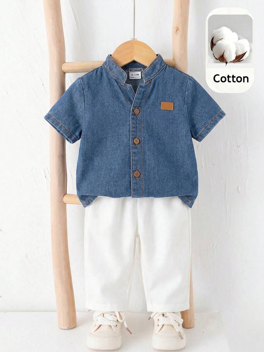 SHEIN 2件組男嬰夏季休閒立領牛仔襯衫與休閒長褲套裝,牛仔套裝適用於生日派對、電音派對、晚宴、表演、婚禮、滿月、洗禮、1歲生日慶祝、婚禮賓客、嬰兒派對洗禮服裝 - 彩色 - 查看 1