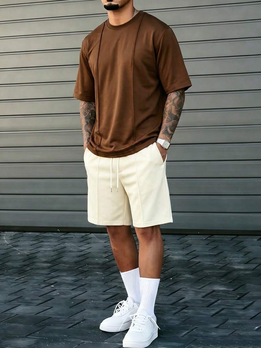 Manfinity Homme Men's Summer Casual Vacation Daily Commute Short Sleeve T-Shirt And Drawstring Waist Shorts Set - Multicolor - View 1