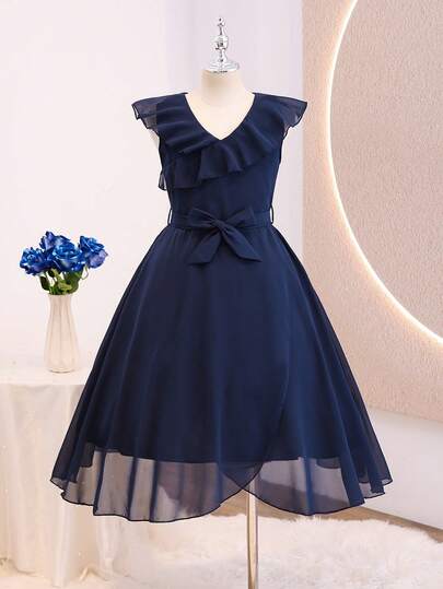1 pieza Vestido de gasa azul marino para niña preadolescente, estilo suave de verano, con volantes, cuello en V, sin mangas, cintura ceñida con lazo, falda asimétrica de largo medio en línea A, adecuado para ir al trabajo, citas, uso diario y estilo elegante