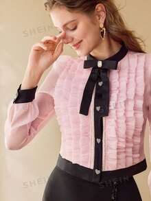 MOTF PREMIUM CONTRAST BINDING RUFFLE TRIM BLOUSE,SPRING/SUMMER - Pink - View 5