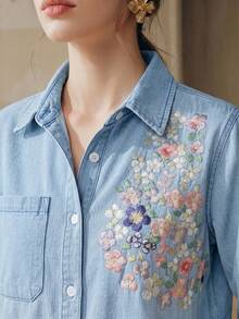 Camisa de manga larga azul con bordado floral grande elegante y romántica para mujer, moda primavera/verano, para fiesta de San Valentín y vacaciones, con jeans - Beis - Ver 2