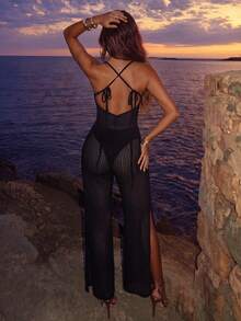 SHEIN Glamour 2026 Spring/Summer New Black Textured Pleated Mesh Jumpsuit, Sexy Rave Spaghetti Strap Slit Flare Leg Pants, Resort Vacation Outfit Beach - Black - View 2