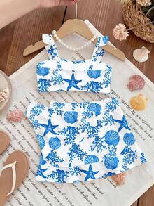 Fresh Blue Seashell & Marine Life Printed Young Girl Swimwear Set With Cover-Up Skirt - Multicolor - View 2