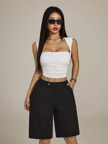 SHEIN PETITE Modichic Casual Solid Slant Pocket Bermuda Shorts - Black - View 8