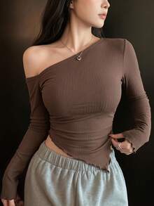DAZY Spring Asymmetrical Neckline Fitted Long Sleeve T-Shirt With Ruffle Hem - Brown - View 8