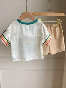 SHEIN 2pcs/Set Baby Boy Sports Casual Summer Comfortable Printed Pattern T-Shirt & Elastic Waist Shorts Set, Sports Outfit, Baby Boy Set, Summer Set, Cute Set, Cartoon Set - Multicolor - View 4