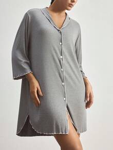 Ocili Ribbed Comfortable Wood Frill Trim Turndown Collar Shell Button Plus Size Nightgown - Dark Grey - View 3