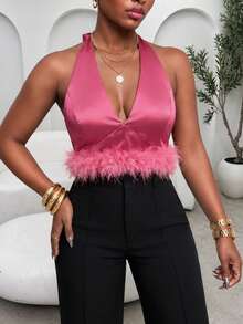 Glyssa Ladies' Summer Holiday Carnival Rose Pink Woven Deep V-Neck Halter Neck Sexy Ultra Short Top , Feather Decoration Club - Watermelon Pink - View 4