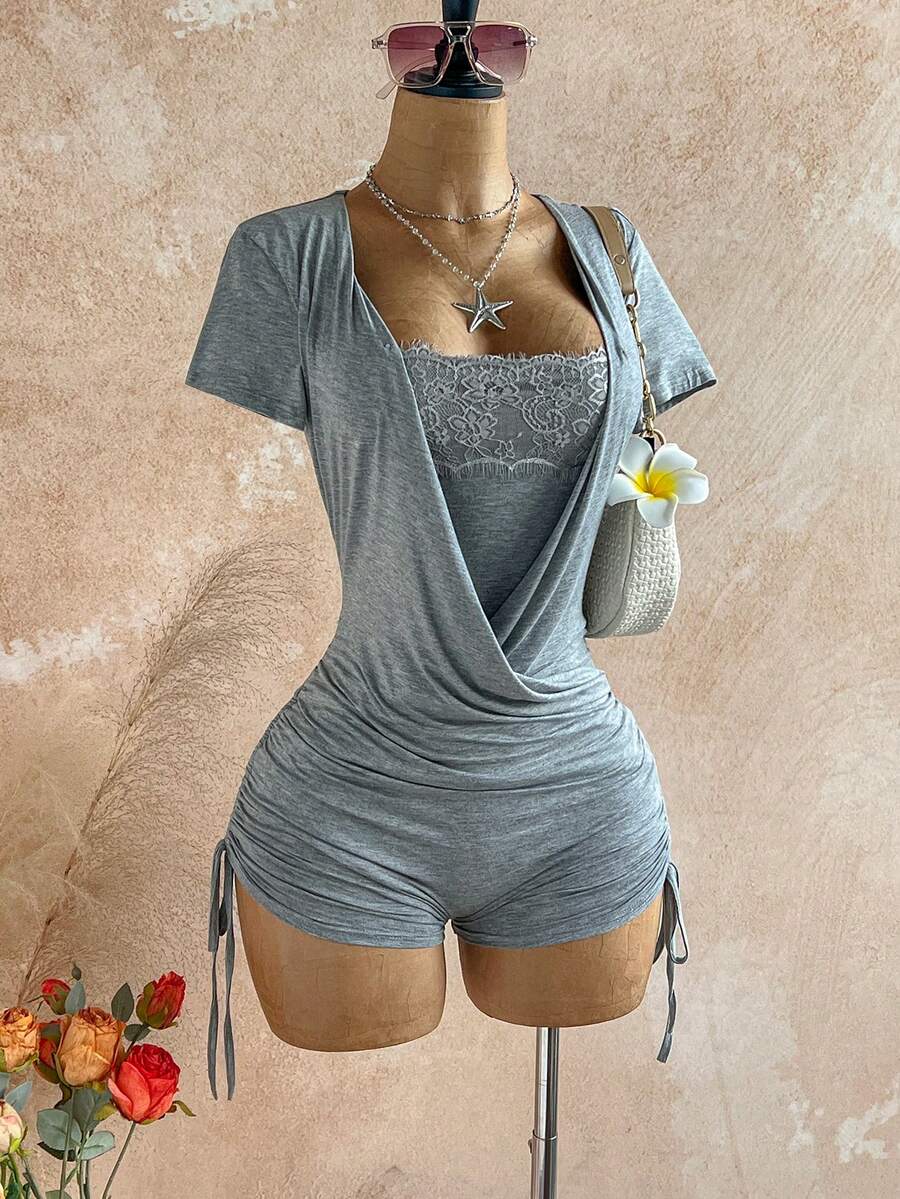 Soleia Women's Solid Color Short Sleeve Contrast Lace 2 In 1 Design Side Drawstring Fashion Romper - Grey - View 1