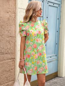 SHEIN LUNE Váy ngắn tay mini thời trang cơ bản nữ họa tiết hoa phong cách thường ngày cho đi làm và đi chơi mùa hè - màu xanh lá - Xem 6