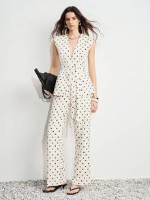 Aveloria Modichic Neues Damen-Set mit ärmelloser V-Ausschnitt-Jacke und Hose, weißes Basis-Set mit schwarzen Polka-Dots, ärmellose V-Ausschnitt-Jacke, Anzug mit selbstbindender Taille, gerade geschnittene Hose mit leichtem Flare, klassische Polka-Dots, retro-eleganter Stil, weicher glatter Stoff, Business-Formal-Kleidung, Frühlings-/Herbst-Saison-Set - Beige - Übersicht 4