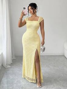 SHEIN Clasi Plus Size Women's Square Neck Yellow Lace Sleeveless Waist Cinched High Slit Bodycon Dress, Elegant Sexy Wedding Wear Mother Of The Bride Summer - Yellow - View 4