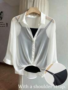 Franclia Women's Contrast Color Button Front Sheer Casual Shirt - White - View 3
