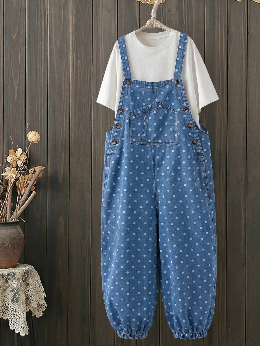 EMERY ROSE EMERY ROSE Women's Polka Dot Print Pocket Button Denim Overalls Vintage Cute Adjustable Straps Loose Balloon Pants Picnic Blue Polka Dot Summer - Blue - View 1