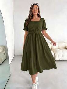 SHEIN Essnce Plus Size Summer Casual Solid Color Short Sleeve Dress - Army Green - View 4