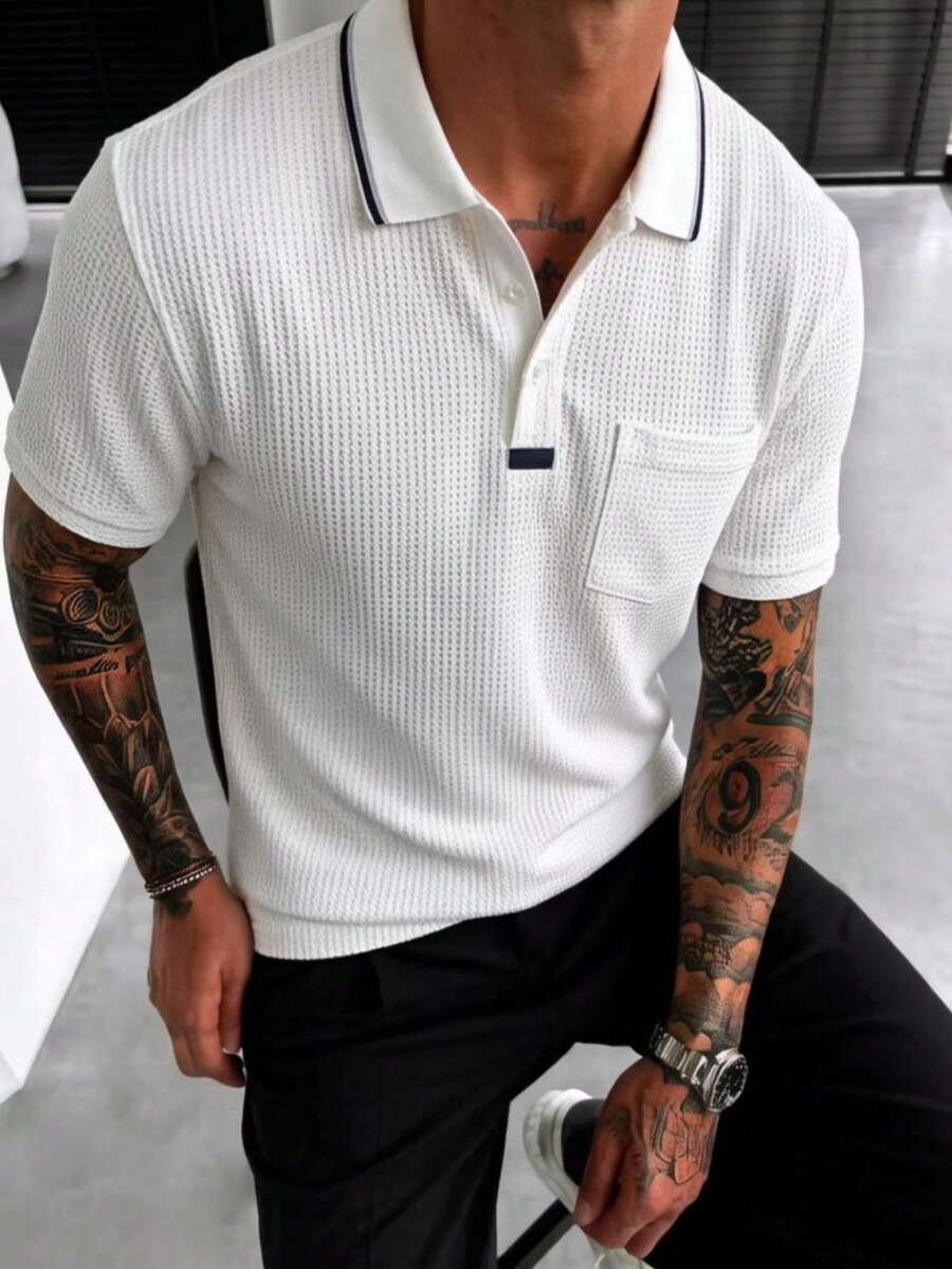 Manfinity Homme Men's Colorblock Casual Versatile Daily Travel Short Sleeve Polo Shirt, Formal - White - View 1