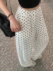 SHEIN PETITE Women's Spring/Summer New Polka Dot Wide Leg Pants With Slant Pockets - Apricot - View 2