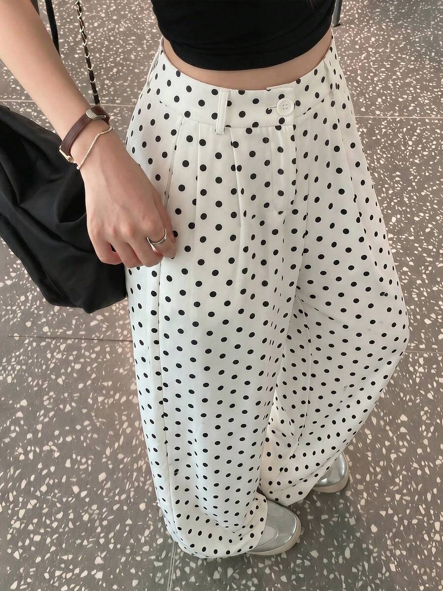SHEIN PETITE Women's Spring/Summer New Polka Dot Wide Leg Pants With Slant Pockets