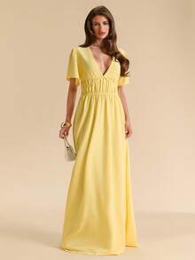 SHEIN BAE Spring/Summer Solid Light Yellow V-Neck Flutter Sleeve Cinched Waist Full Skirt Dress, Elegant And Gentle Style For Women, Suitable For Romantic Dates, Beach Vacations, Wedding Guest Attire, Evening Parties, Valentine's Day Dates - Yellow - View 6