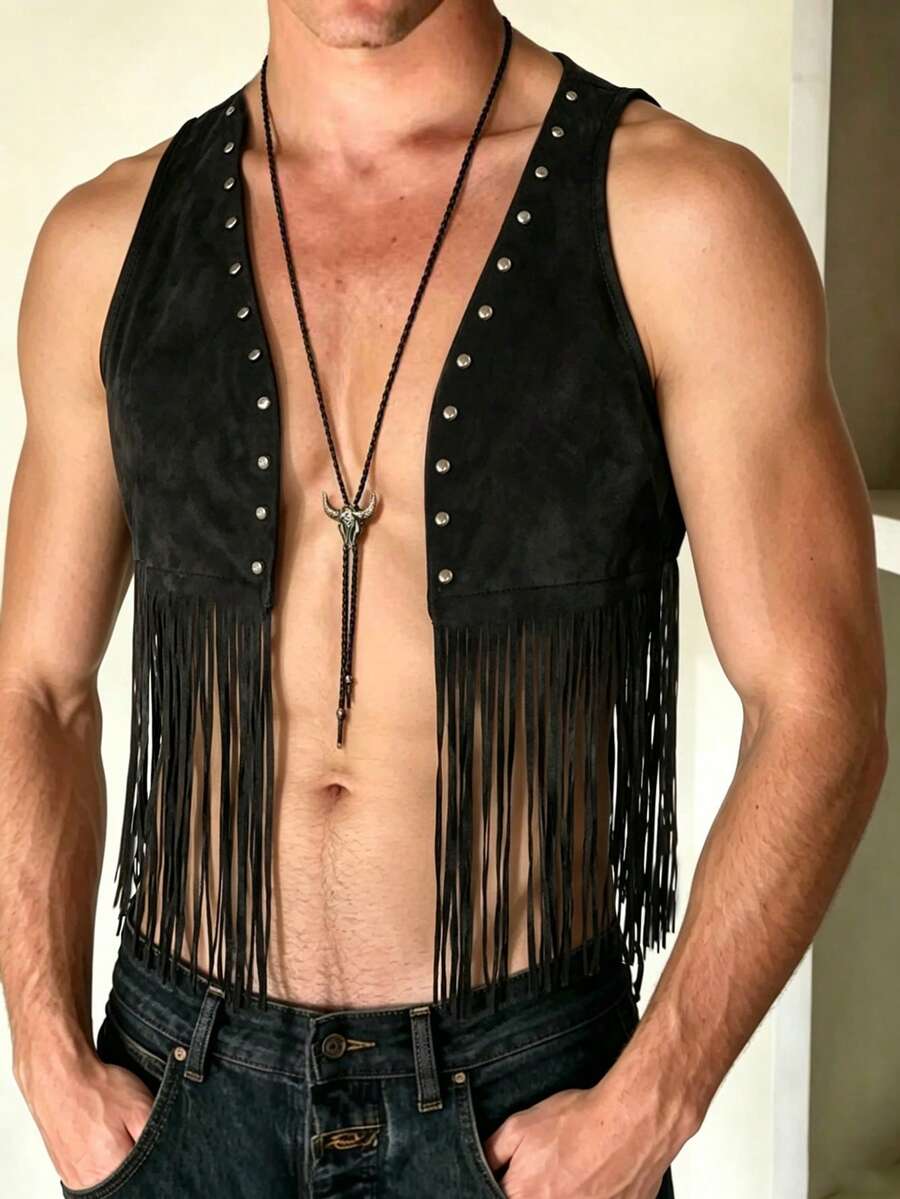 Manfinity Dauomo Men's Vest Cardigan With Tassels - Black - View 1